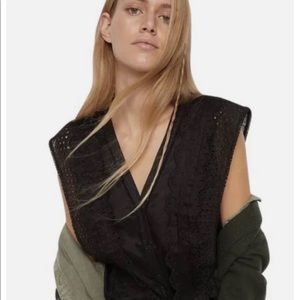 Anthropologie Daniel Rainn Black Eyelet Detail Top Linen Blouse Size XXS